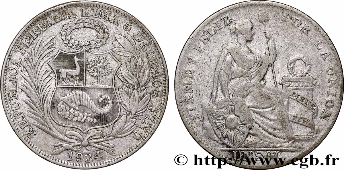 PÉROU 1 Sol “Liberté” 1934 Lima TB+