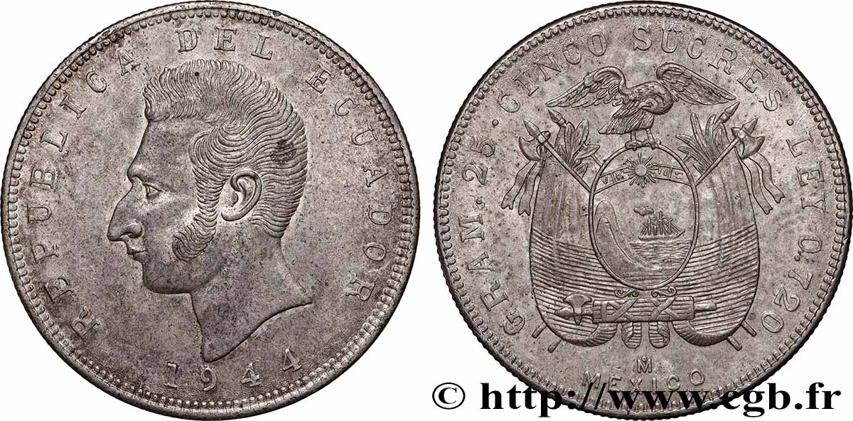 ÉQUATEUR 5 Sucres Antonio Jose de Sucre 1944 Mexico TTB+