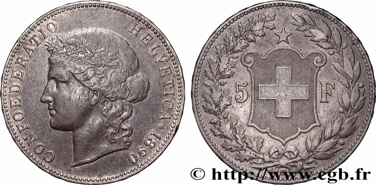 SWITZERLAND 5 Francs Helvetia 1890 Berne XF
