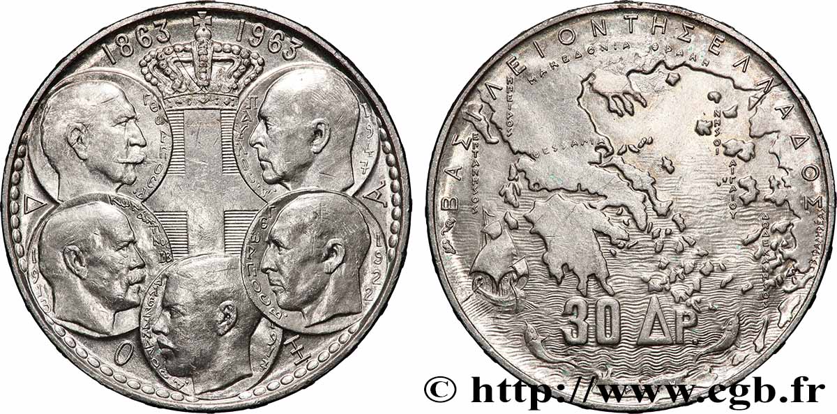 GRÈCE 30 Drachmes Centenaire de la dynastie danoise 1963 Paris TTB+