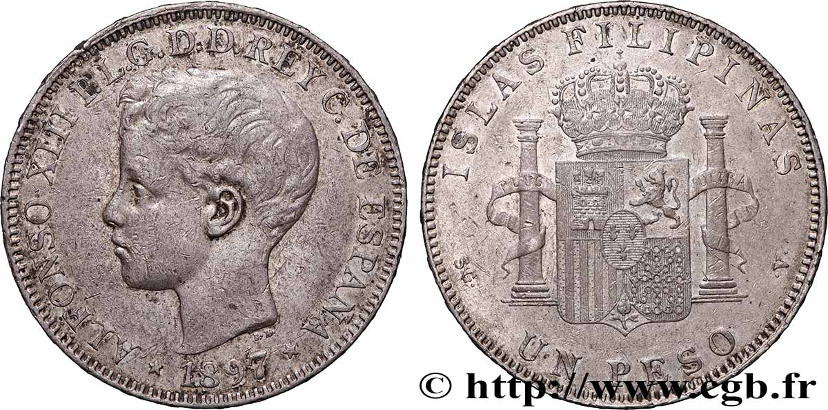 PHILIPPINEN 1 Peso Alphonse XIII 1897 Madrid fVZ