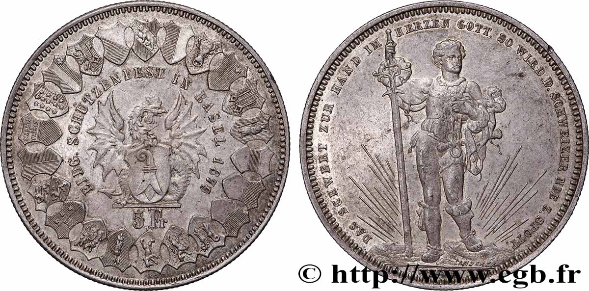 SWITZERLAND 5 Francs, monnaie de Tir, Bâle 1879 AU