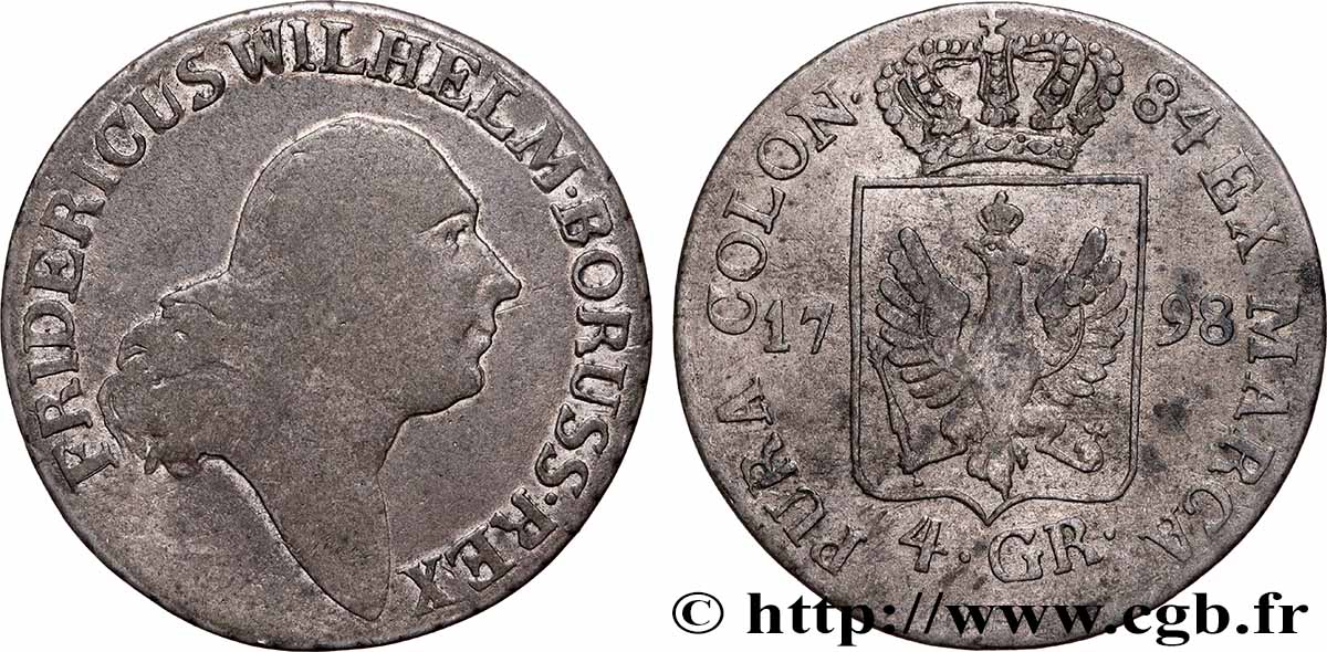GERMANIA - PRUSSIA 1/6 Thaler (4 Groschen) Frédéric-Guillaume II roi de Prusse 1798 Berlin MB