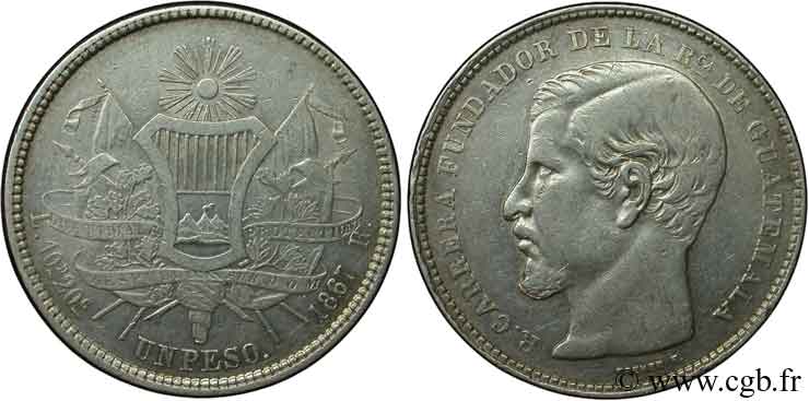 GUATEMALA 1 Peso Rafael Carrera R 1867  TTB 