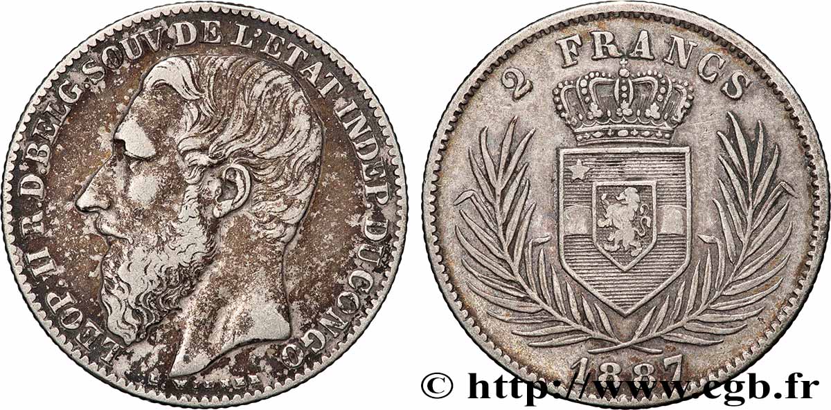 CONGO - ÉTAT INDÉPENDANT DU CONGO 2 Francs Léopold II 1887 Bruxelles TTB