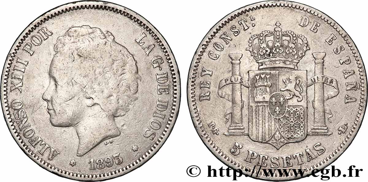 ARGENT D INVESTISSEMENT 5 Pesetas Alphonse XIII 2e type 1893 Madrid TB+