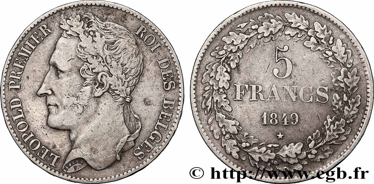 ARGENT D INVESTISSEMENT 5 Francs Léopold Ier tête laurée 1849 TTB