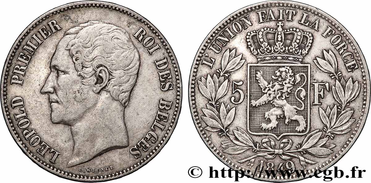 ARGENT D INVESTISSEMENT 5 Francs tête nue 1849 Bruxelles TTB