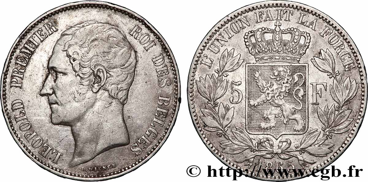 ARGENT D INVESTISSEMENT 5 Francs Léopold Ier tête nue 1865 Bruxelles TTB