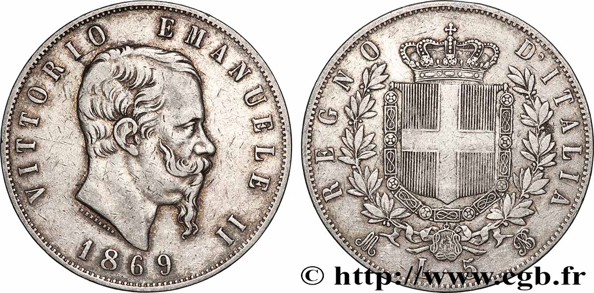 ARGENT D INVESTISSEMENT 5 Lire Victor Emmanuel II 1869 Milan TTB