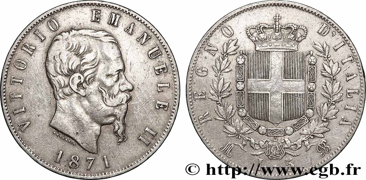 ARGENT D INVESTISSEMENT 5 Lire Victor Emmanuel II 1871 Milan TTB