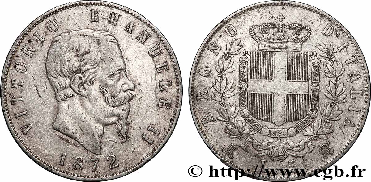 ARGENT D INVESTISSEMENT 5 Lire Victor Emmanuel II 1872 Milan TTB