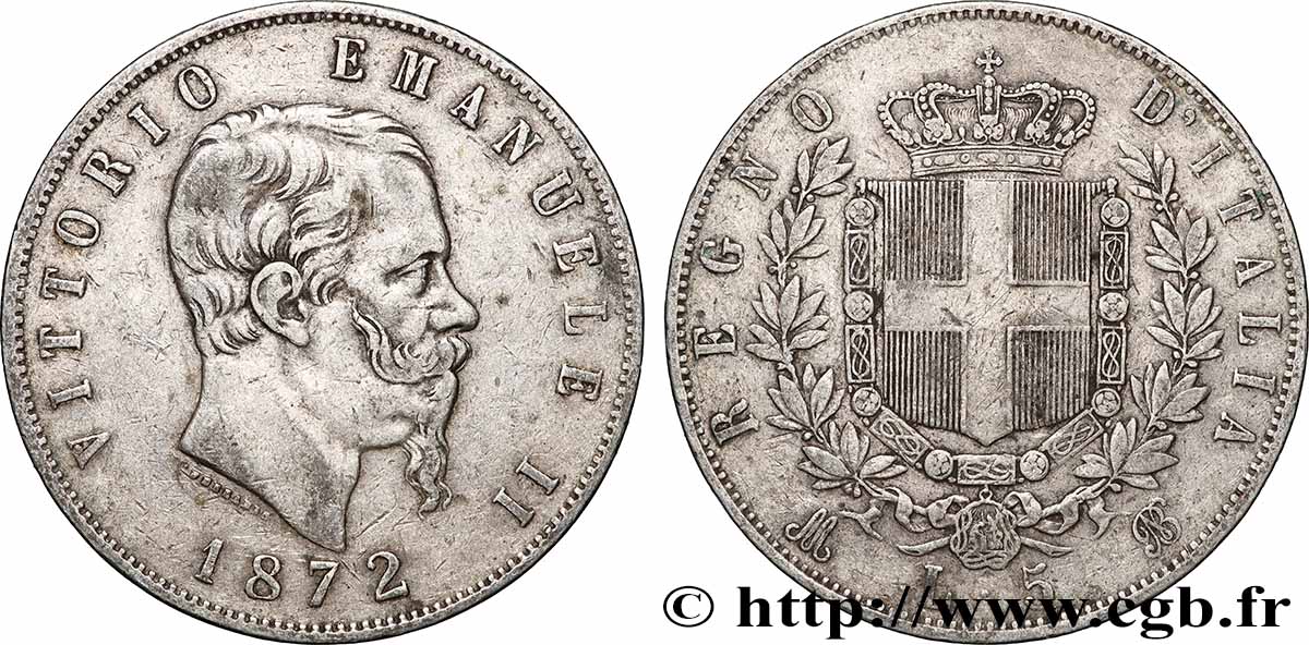 ARGENT D INVESTISSEMENT 5 Lire Victor Emmanuel II 1872 Milan TTB