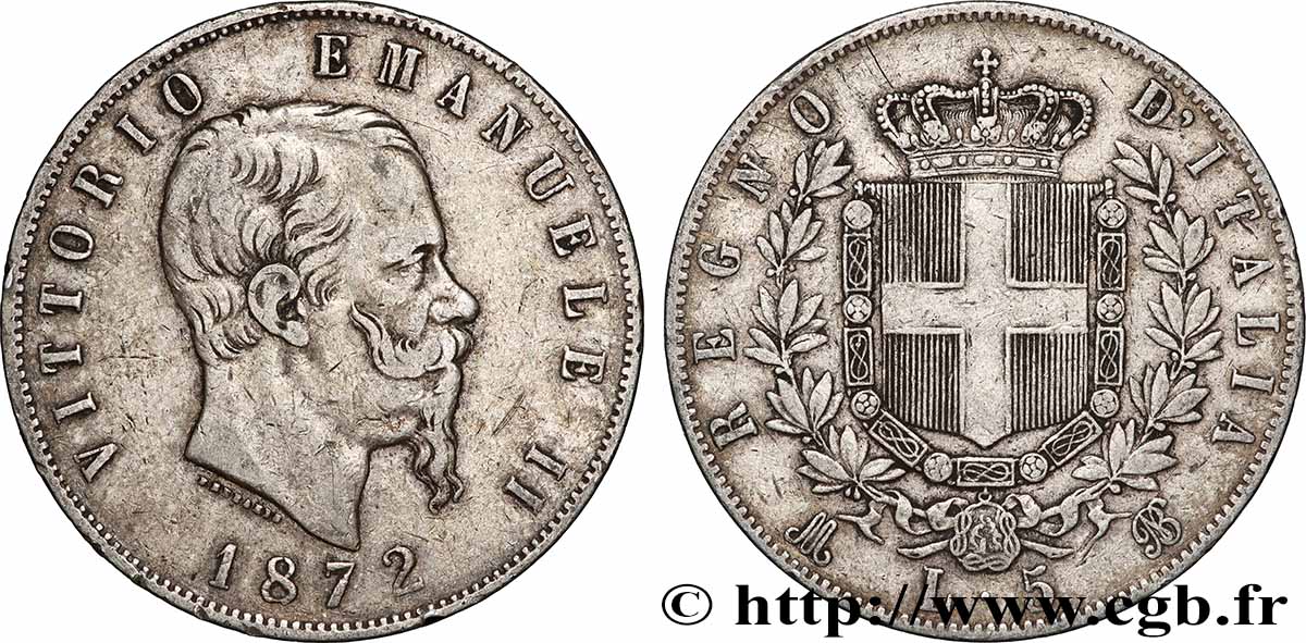 ARGENT D INVESTISSEMENT 5 Lire Victor Emmanuel II 1872 Milan TTB