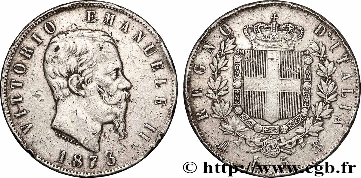 ARGENT D INVESTISSEMENT 5 Lire Victor Emmanuel II 1873 Milan TB+