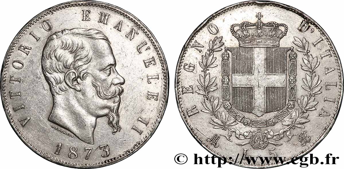 ARGENT D INVESTISSEMENT 5 Lire Victor Emmanuel II 1873 Milan TTB