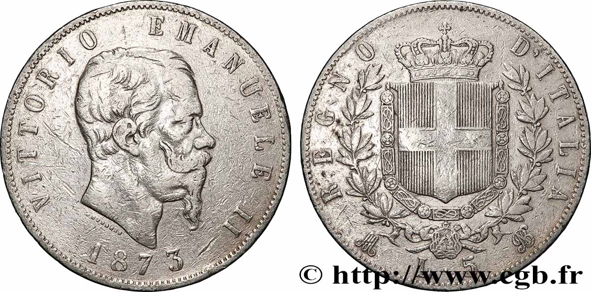ARGENT D INVESTISSEMENT 5 Lire Victor Emmanuel II 1873 Milan TB+