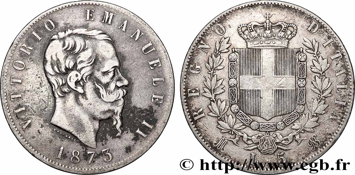 ARGENT D INVESTISSEMENT 5 Lire Victor Emmanuel II 1873 Milan TTB
