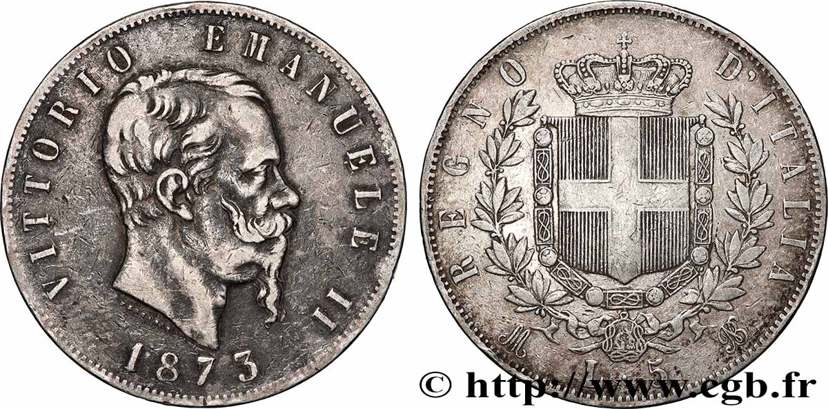 ARGENT D INVESTISSEMENT 5 Lire Victor Emmanuel II 1873 Milan TTB