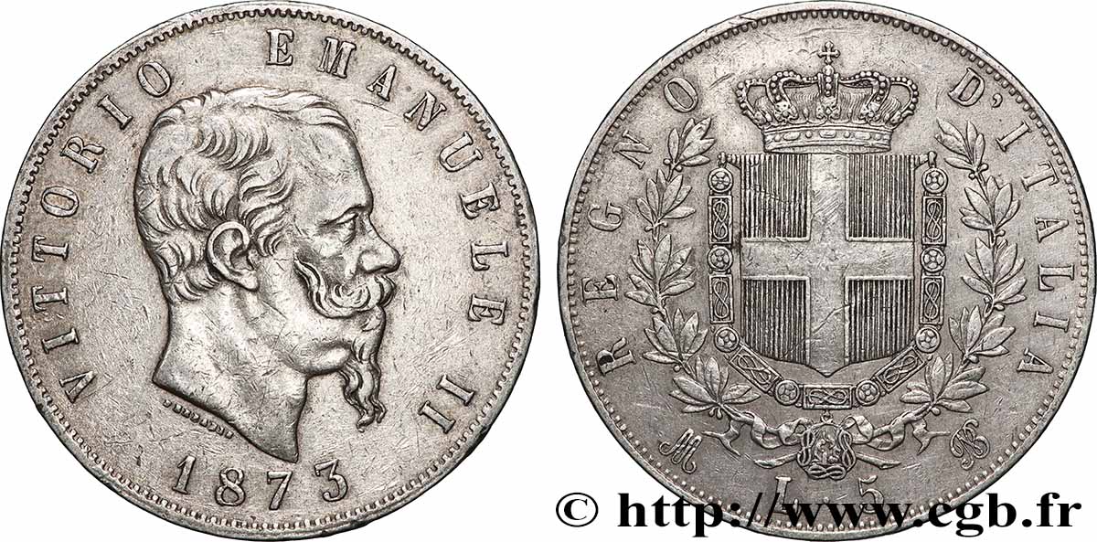 ARGENT D INVESTISSEMENT 5 Lire Victor Emmanuel II 1873 Milan TTB