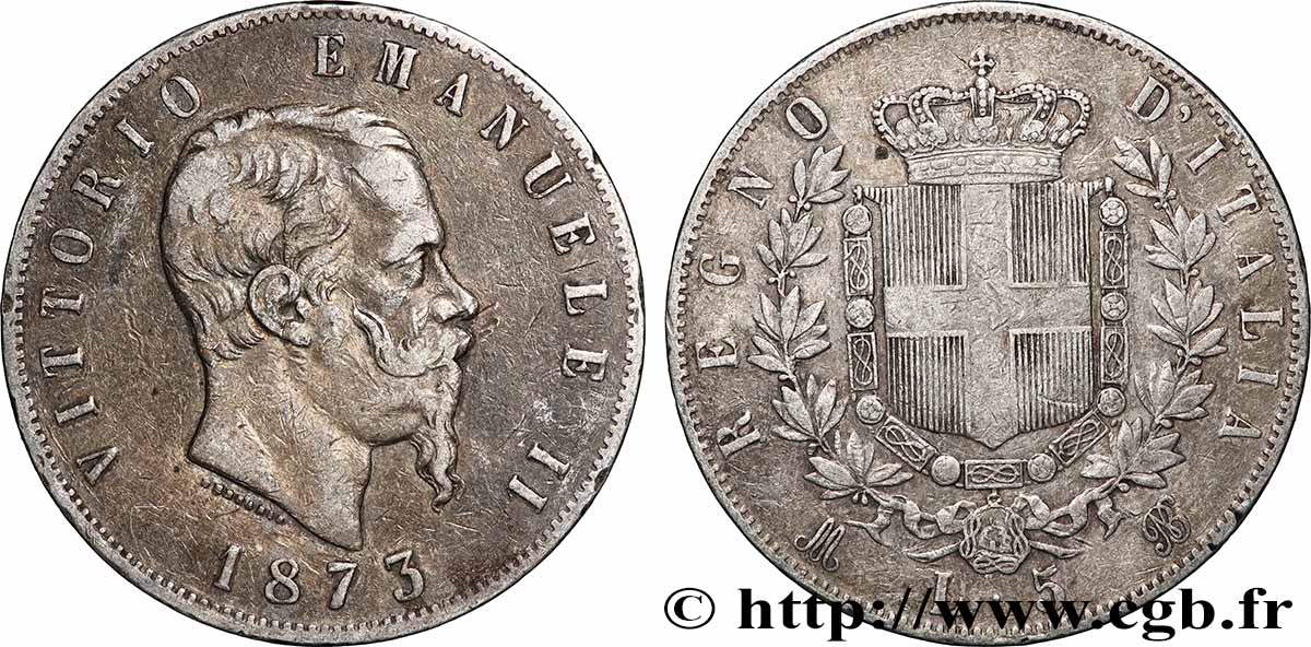 ARGENT D INVESTISSEMENT 5 Lire Victor Emmanuel II 1873 Milan TTB