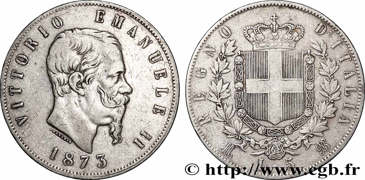 ARGENT D INVESTISSEMENT 5 Lire Victor Emmanuel II 1873 Milan TTB
