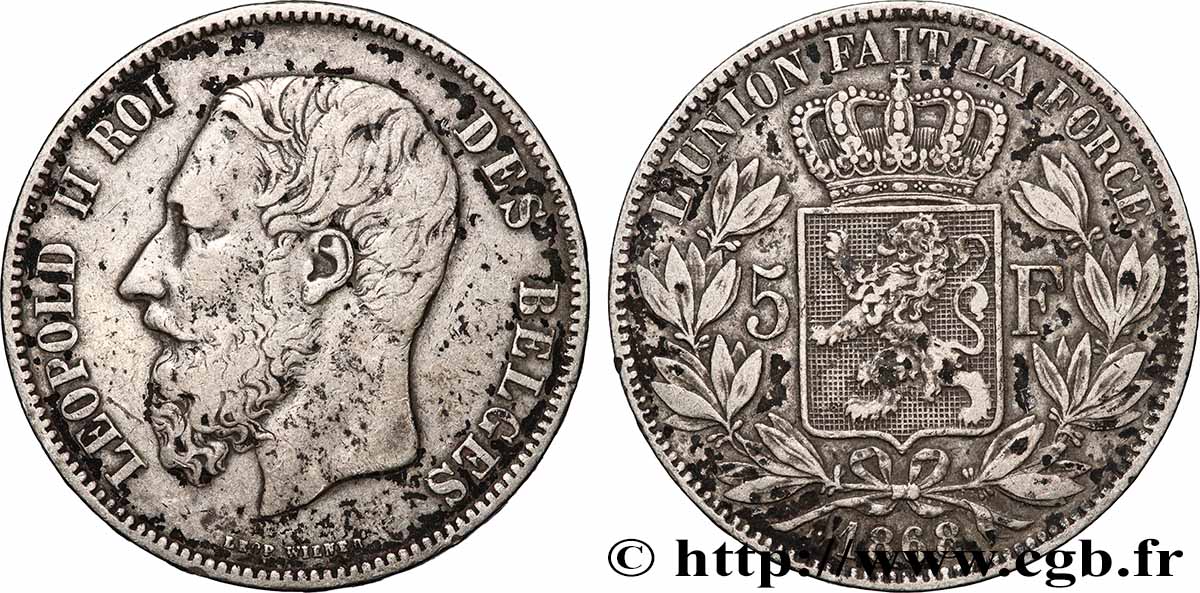 ARGENT D INVESTISSEMENT 5 Francs Léopold II 1868 Bruxelles TTB