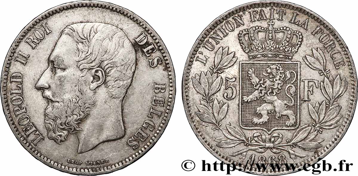 ARGENT D INVESTISSEMENT 5 Francs Léopold II 1868 Bruxelles TTB