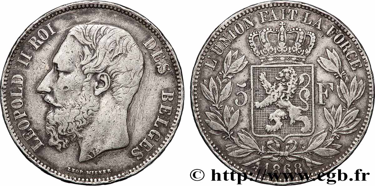 ARGENT D INVESTISSEMENT 5 Francs Léopold II 1868 Bruxelles TTB