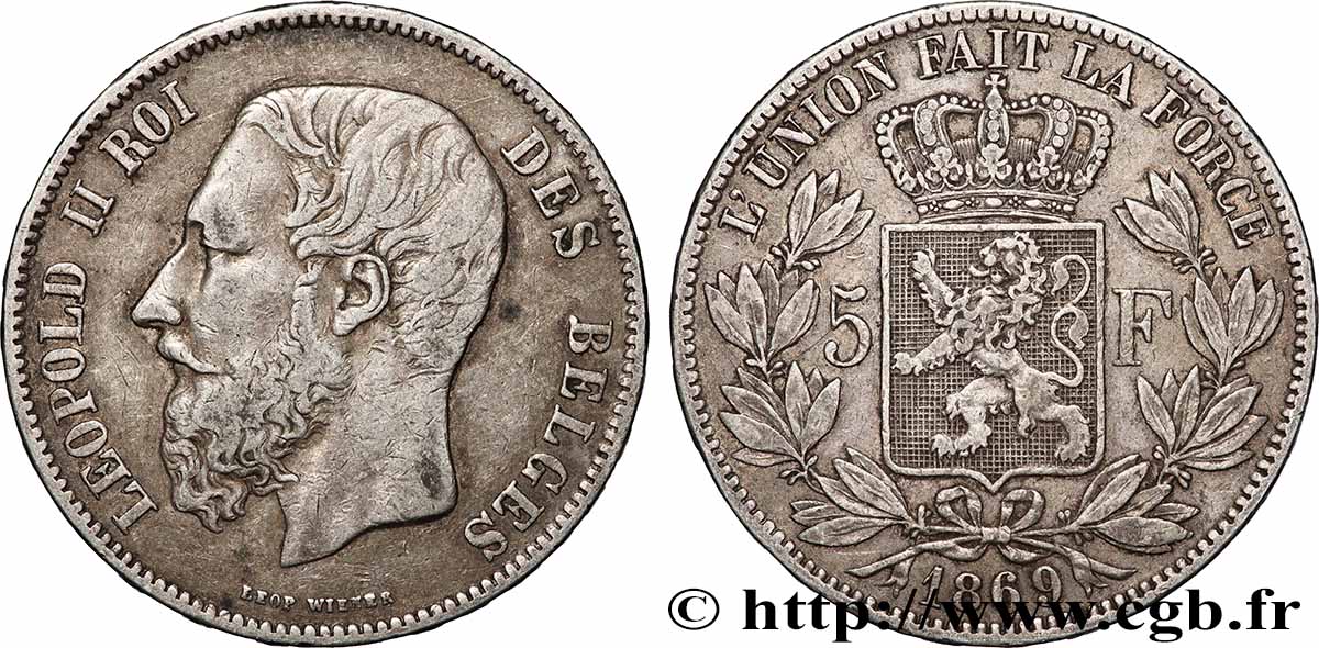 ARGENT D INVESTISSEMENT 5 Francs Léopold II 1869 Bruxelles TTB