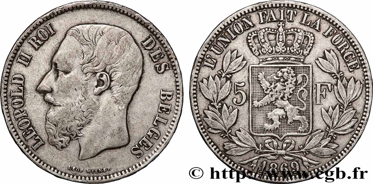 SILBER-INVESTMENT 5 Francs Léopold II 1869 Bruxelles SS