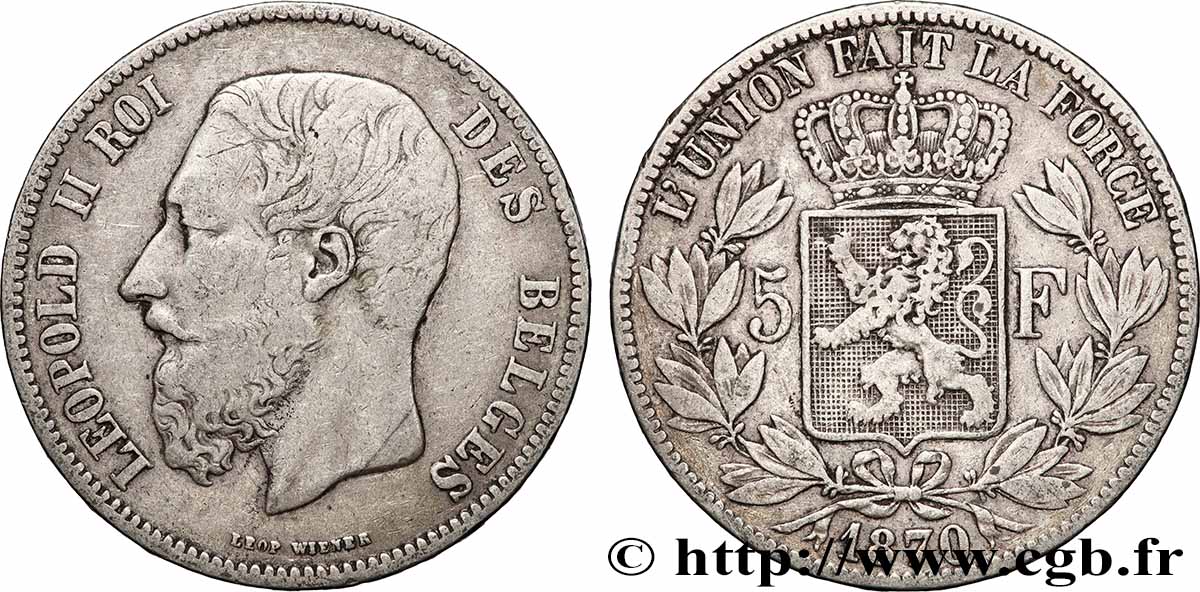 ARGENT D INVESTISSEMENT 5 Francs 1870 Bruxelles TTB