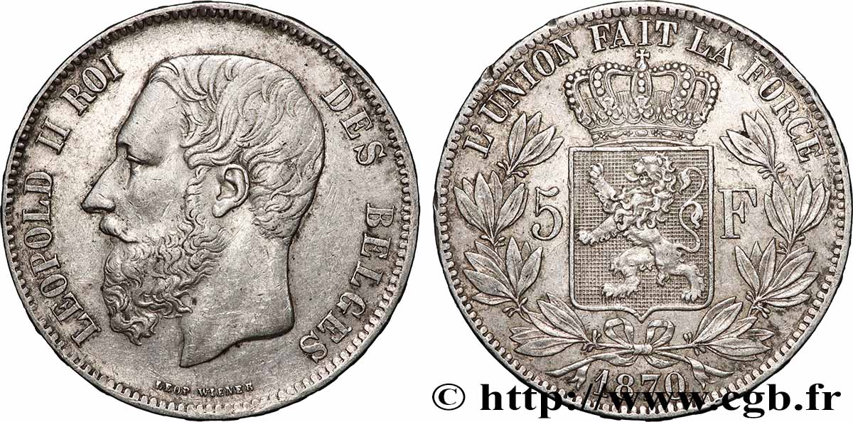 ARGENT D INVESTISSEMENT 5 Francs 1870 Bruxelles TTB+