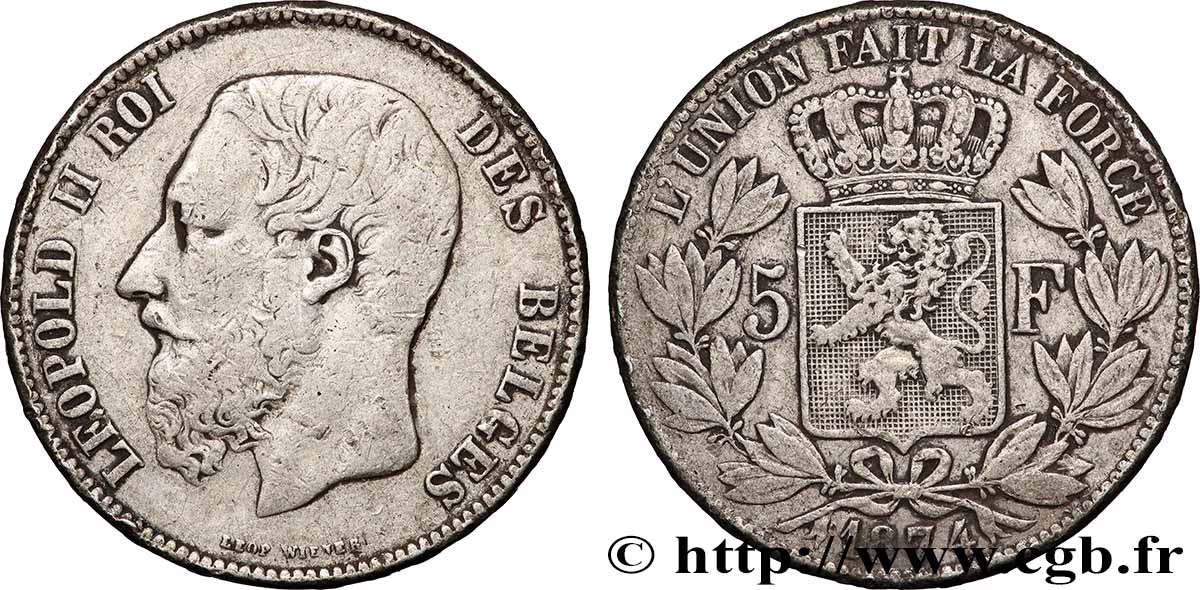 ARGENT D INVESTISSEMENT 5 Francs Léopold II 1874 Bruxelles TB+