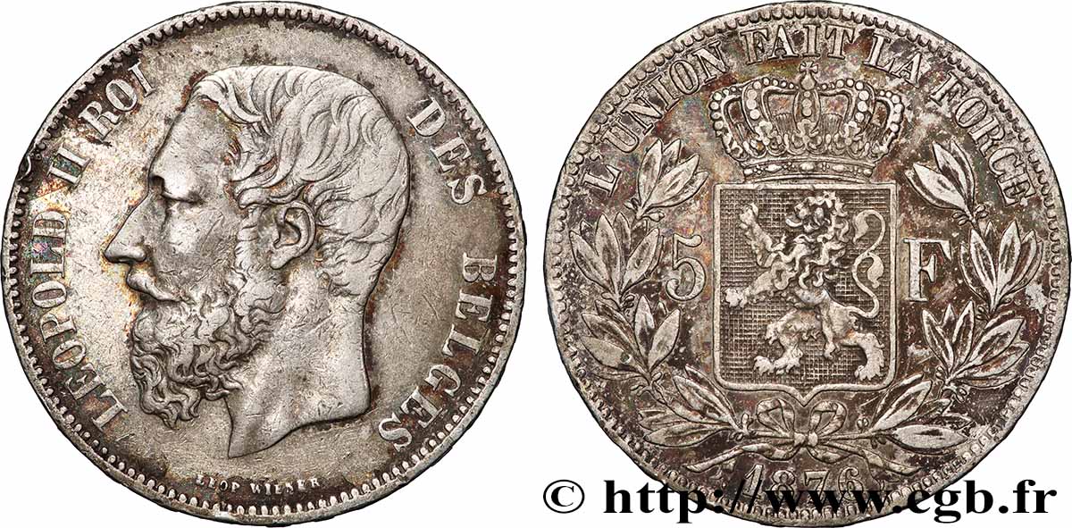 ARGENT D INVESTISSEMENT 5 Francs Léopold II 1876 Bruxelles TTB