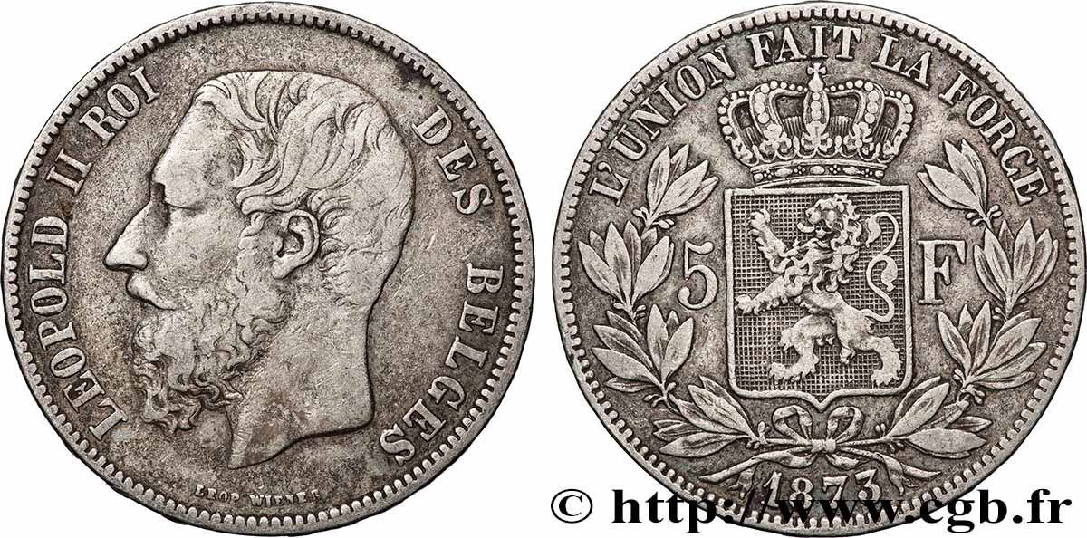 ARGENT D INVESTISSEMENT 5 Francs 1873 Bruxelles TTB