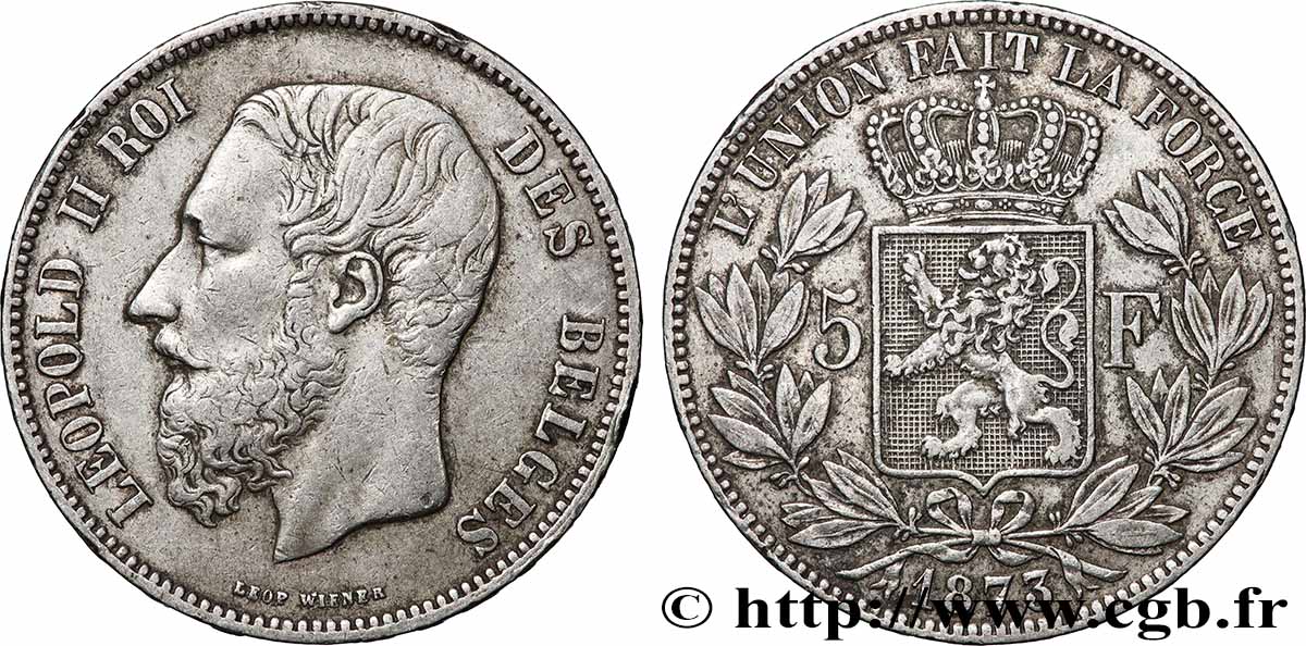 ARGENT D INVESTISSEMENT 5 Francs 1873 Bruxelles TTB