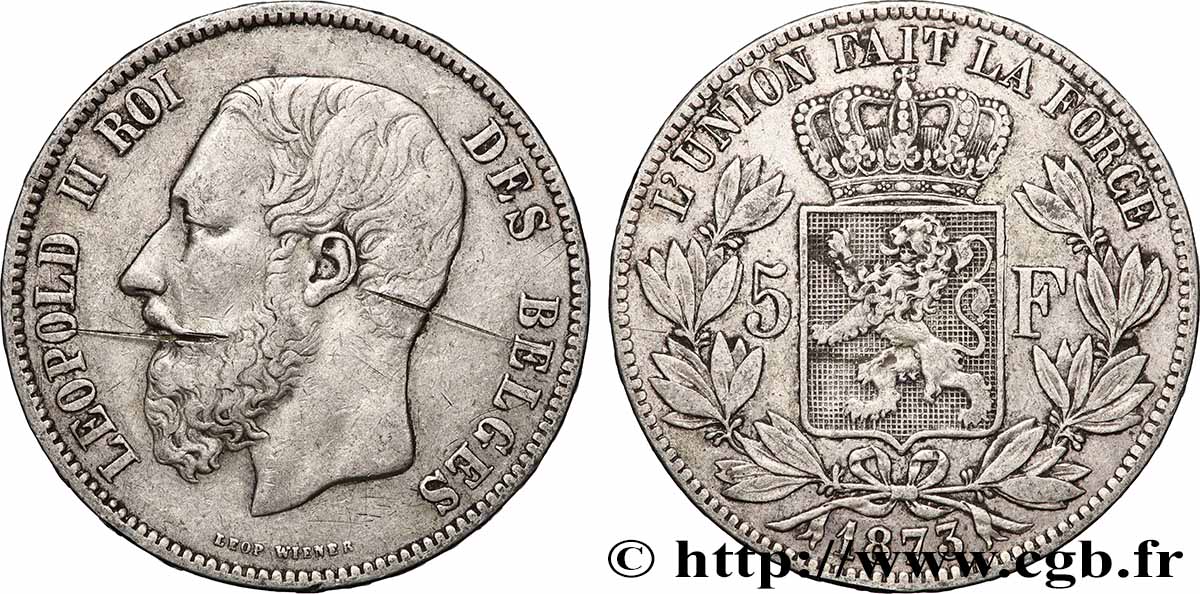ARGENT D INVESTISSEMENT 5 Francs 1873 Bruxelles TTB