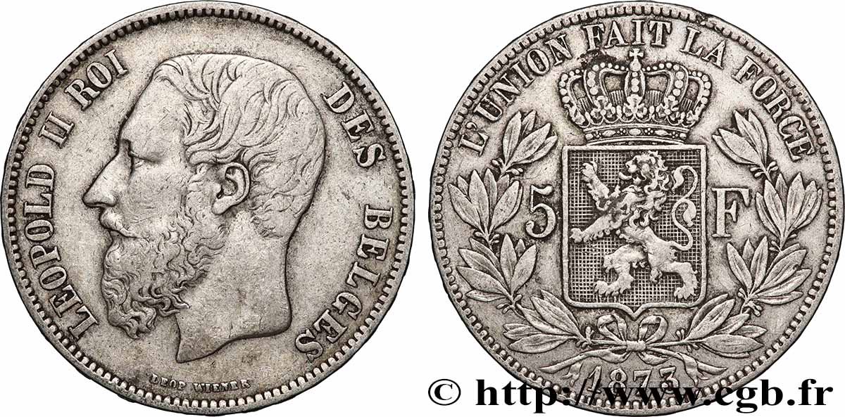 ARGENT D INVESTISSEMENT 5 Francs 1873 Bruxelles TTB