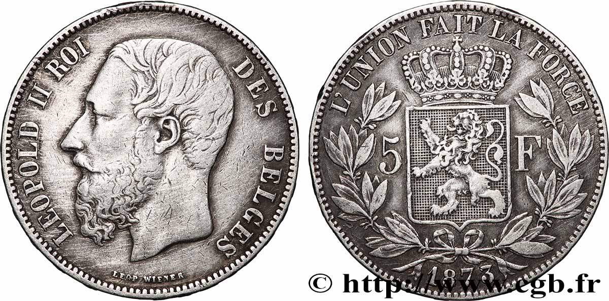 ARGENT D INVESTISSEMENT 5 Francs 1873 Bruxelles TTB