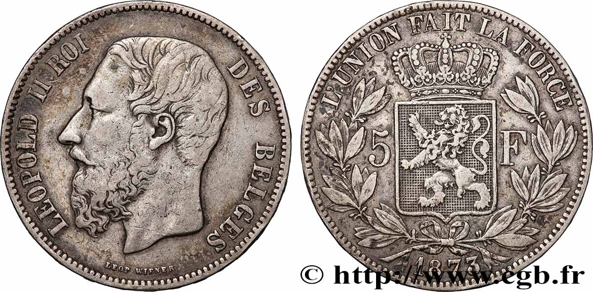ARGENT D INVESTISSEMENT 5 Francs 1873 Bruxelles TTB
