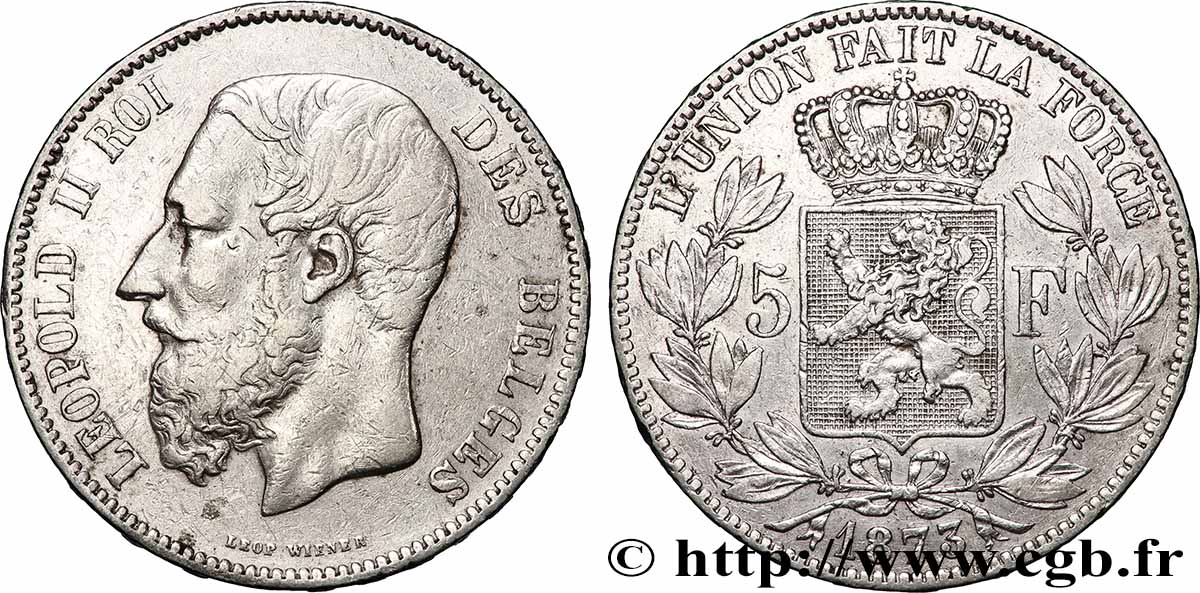 ARGENT D INVESTISSEMENT 5 Francs 1873 Bruxelles TTB