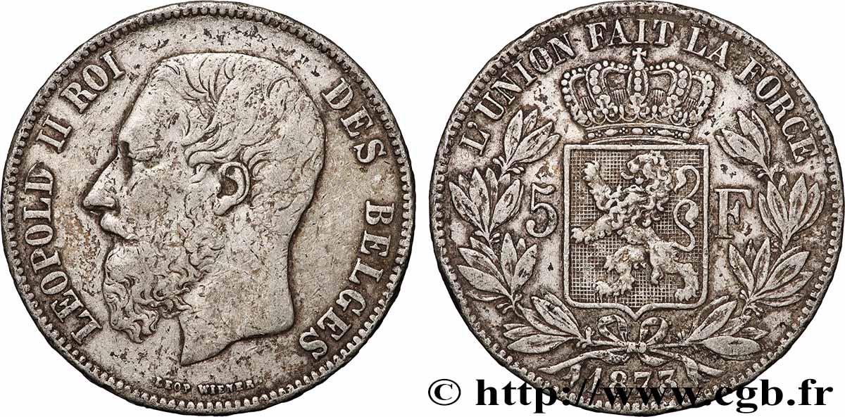 ARGENT D INVESTISSEMENT 5 Francs 1873 Bruxelles TTB