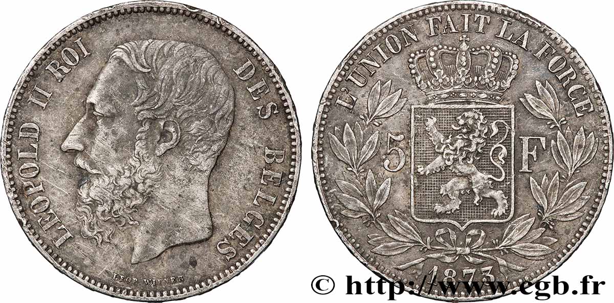 ARGENT D INVESTISSEMENT 5 Francs 1873 Bruxelles TTB