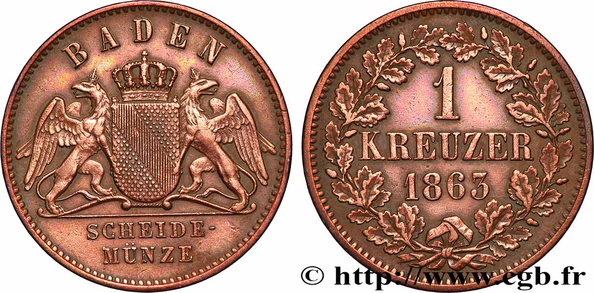 GERMANY - BADEN 1 Kreuzer Grand-Duché de Bade 1863 Karlsruhe AU