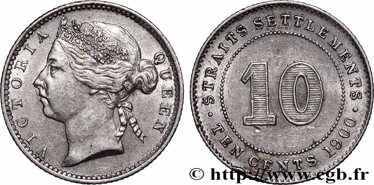 ÉTABLISSEMENTS DES DÉTROITS 10 Cents Victoria 1900 Londres TTB+