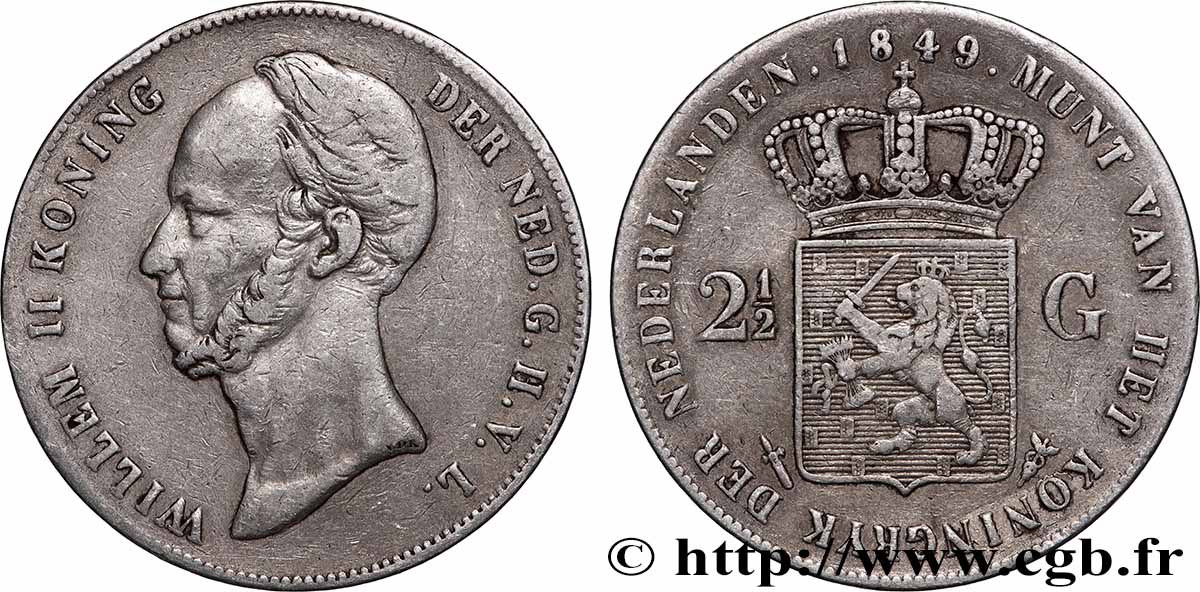 PAYS-BAS 2 1/2 Gulden Guillaume II 1849 Utrecht TB+