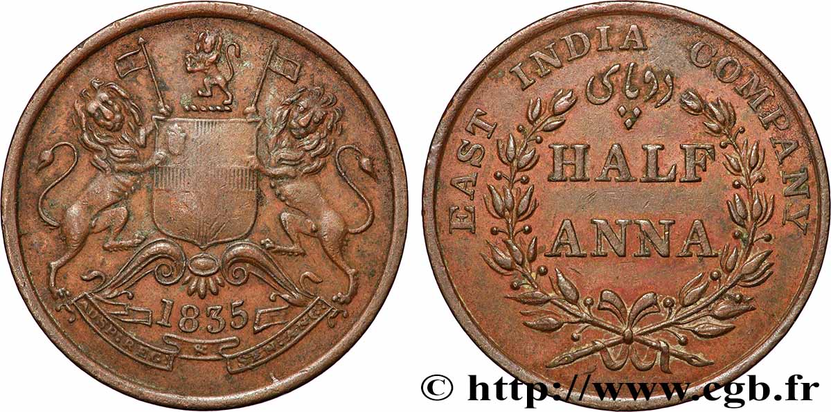 INDIA BRITÁNICA 1/2 Anna East India Company 1835 Bombay MBC