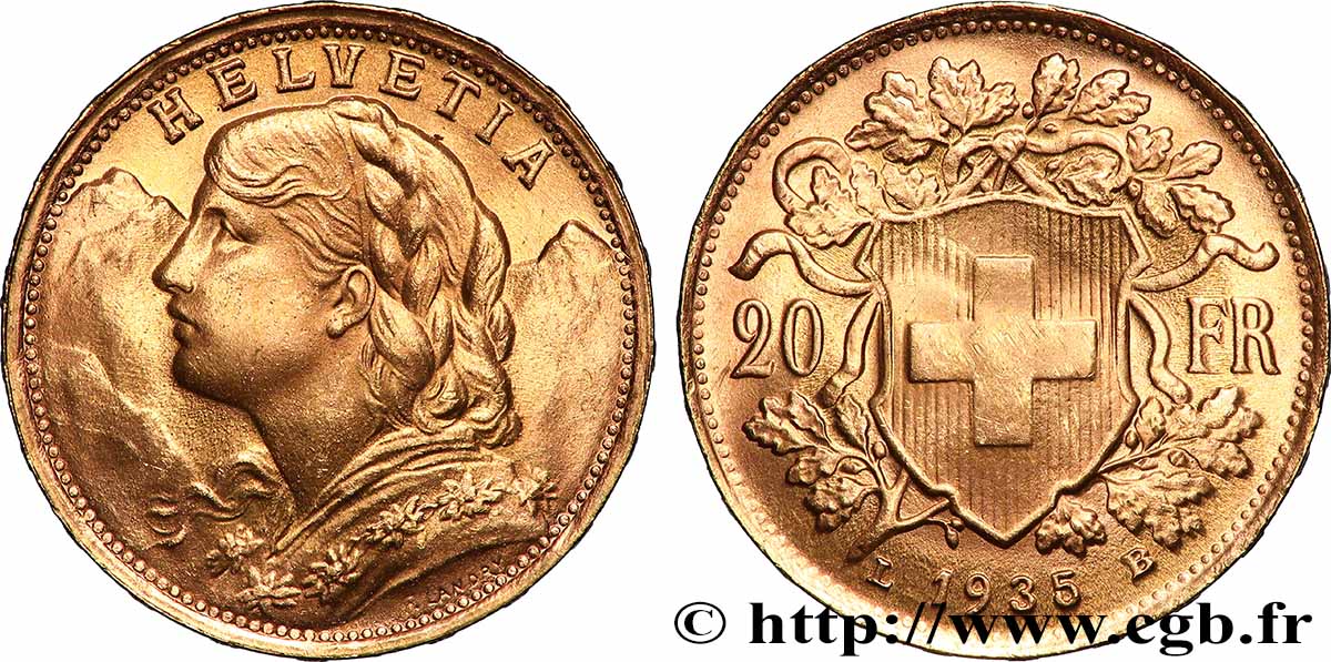 OR, PALLADIUM ET PLATINE INVESTISSEMENT 20 Francs Vreneli 1935 Berne SUP