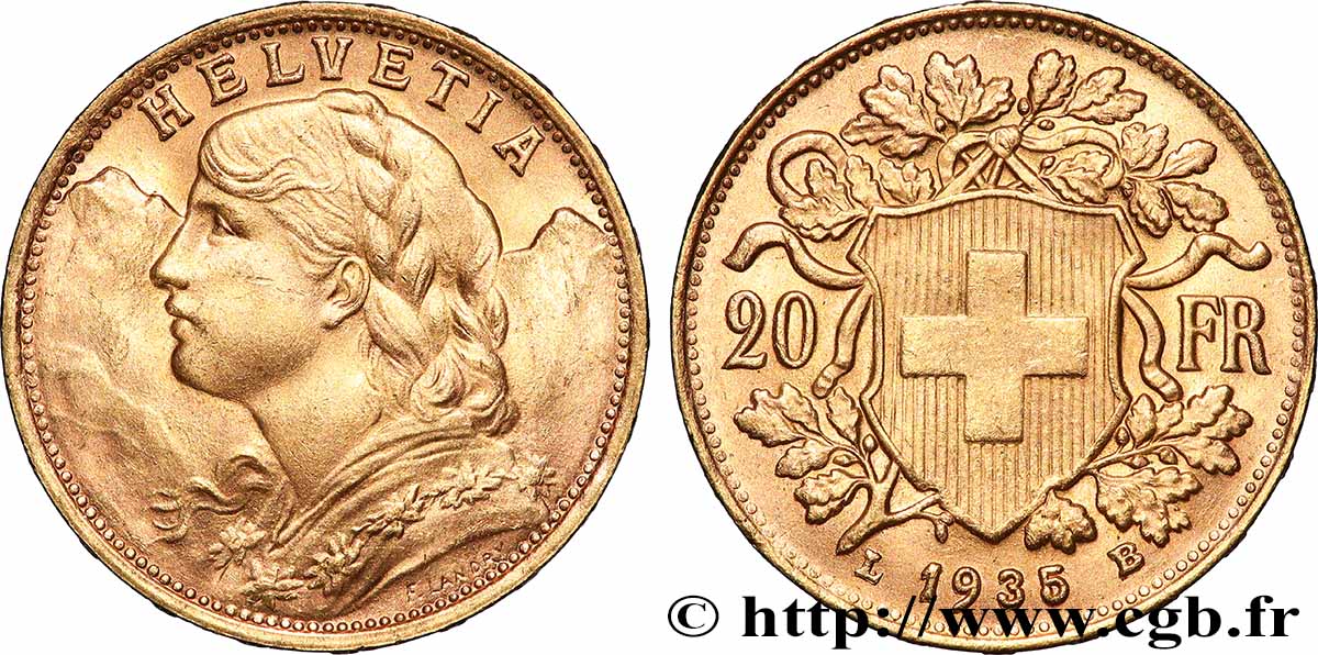 OR, PALLADIUM ET PLATINE INVESTISSEMENT 20 Francs Vreneli 1935 Berne SUP
